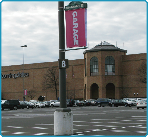 Lumen Banner indicating the parking garage at Willow Grove Park mall.